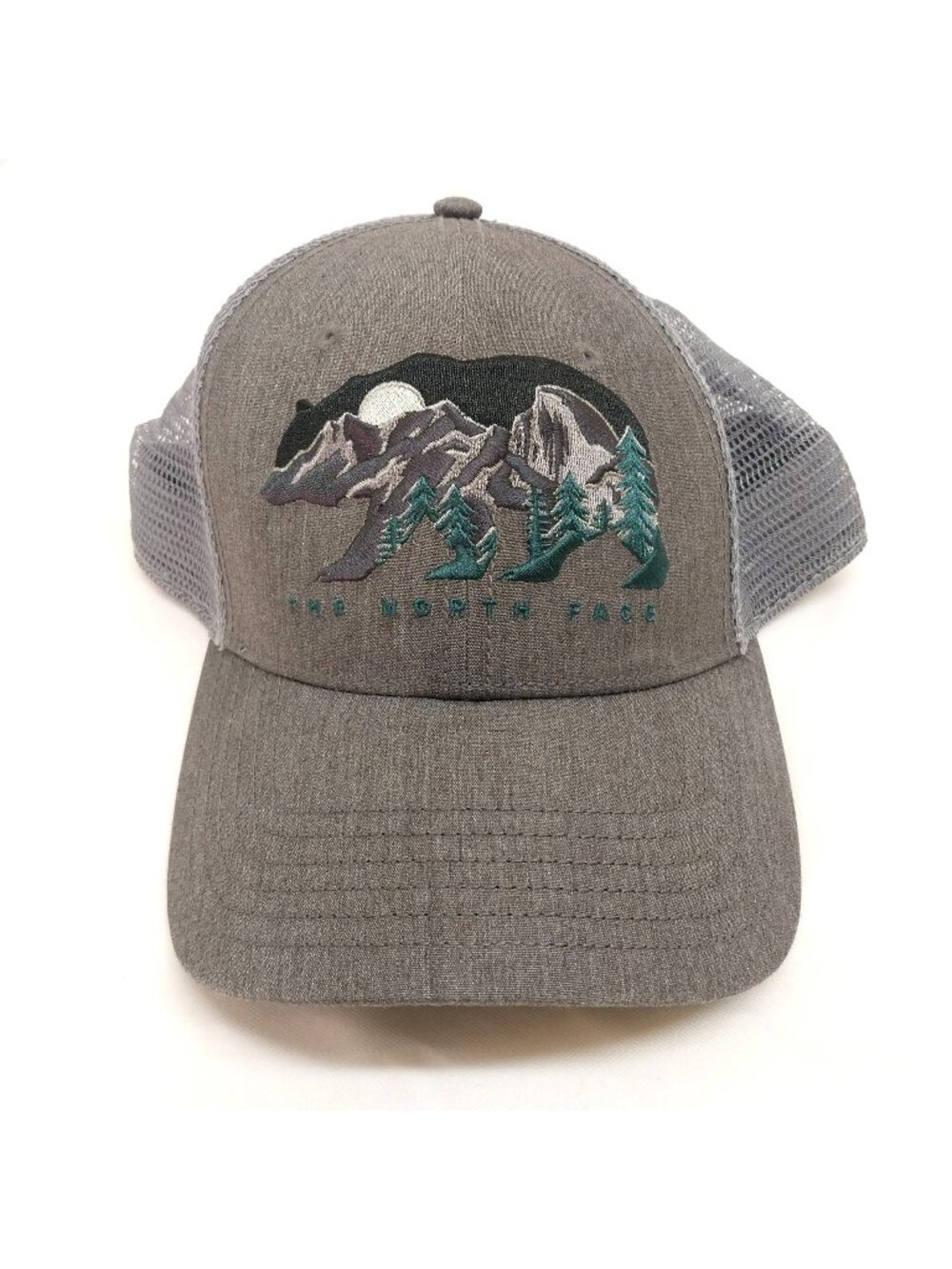 The North Face Grey Trucker Hat With Mountain Bear Design Adjustable Snapback